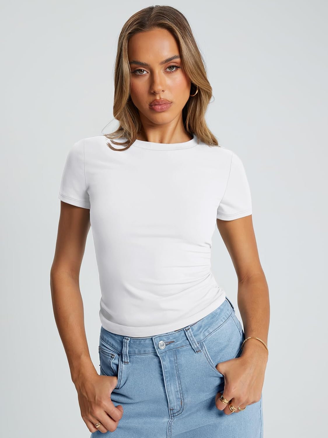 Trendy Queen Womens Basic T Shirts Summer Tops 2025 Crop Short Sleeve Slim Fit Tee Cute Gym Workout Clothes